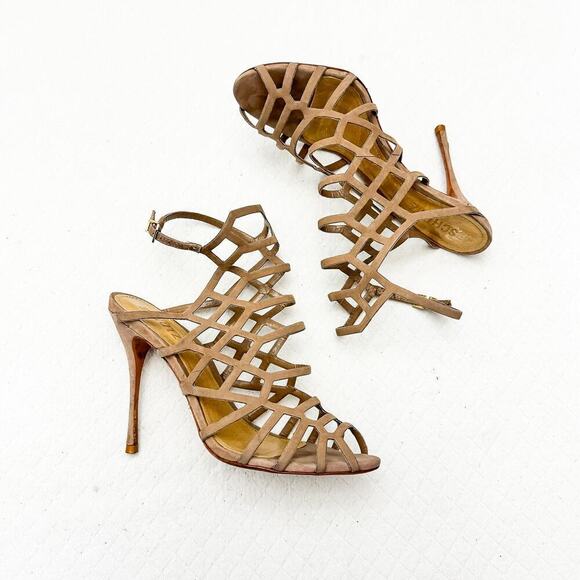 Schutz Juliana Cage Sandals Stiletto Beige Suede Leather Size 8 - Picture 1 of 5